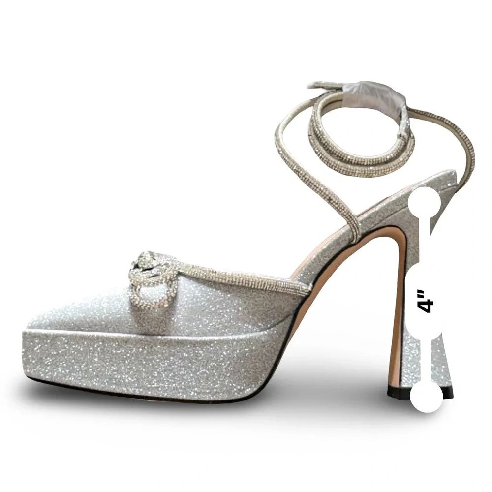 Silver Glitter Double Bow Platform Pumps Ankle Strap Heels 5.5 Wedding